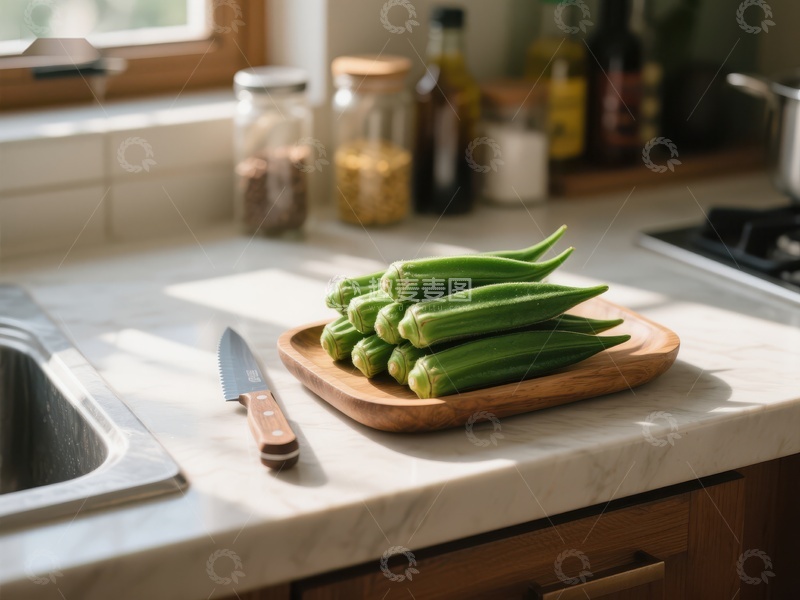 高清大图下载【趣麦麦图】厨房台面上的秋葵与刀具