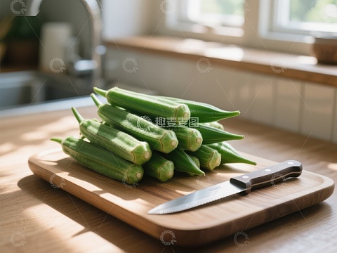新鲜秋葵置于砧板上，阳光洒落厨房
