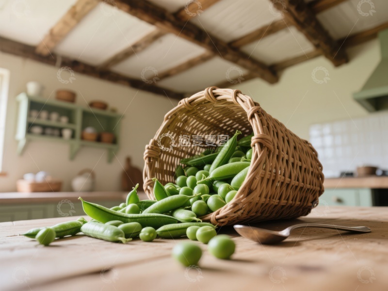 高清大图下载【趣麦麦图】厨房桌上倾倒的篮子与新鲜豌豆