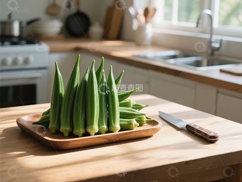 新鲜秋葵置于厨房案板上