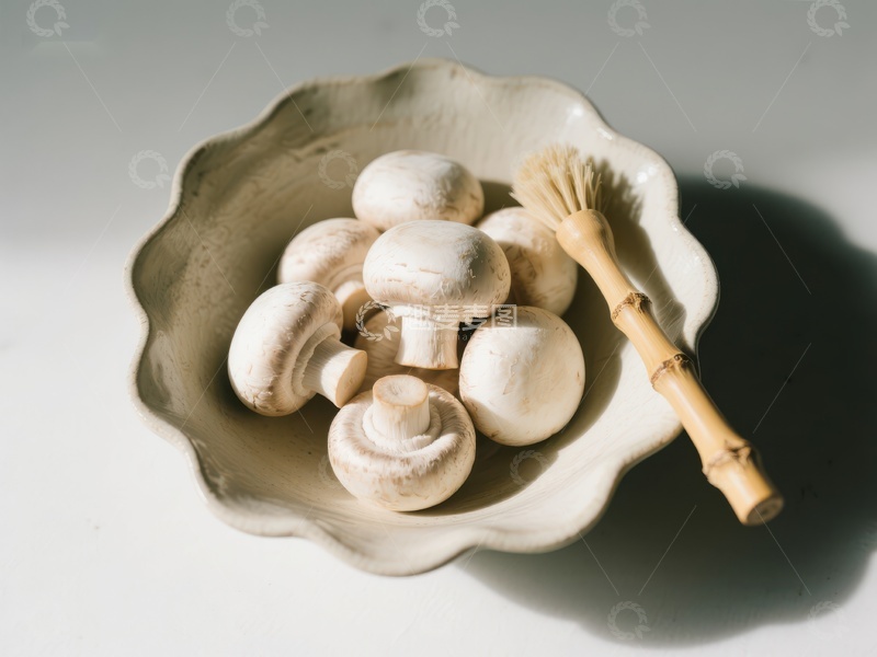 高清大图下载【趣麦麦图】瓷碗中的蘑菇与刷子