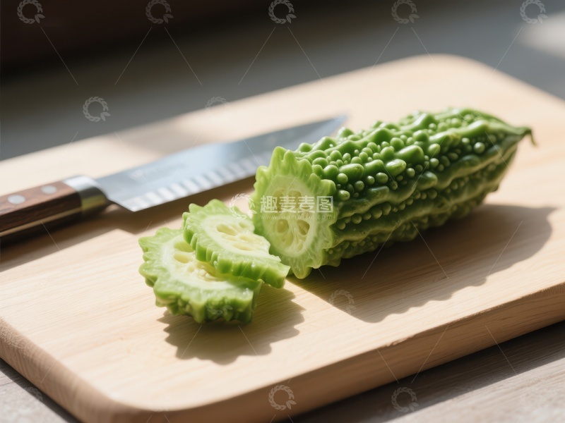 高清大图下载【趣麦麦图】苦瓜切片与刀具置于砧板上