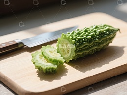 苦瓜切片与刀具置于砧板上