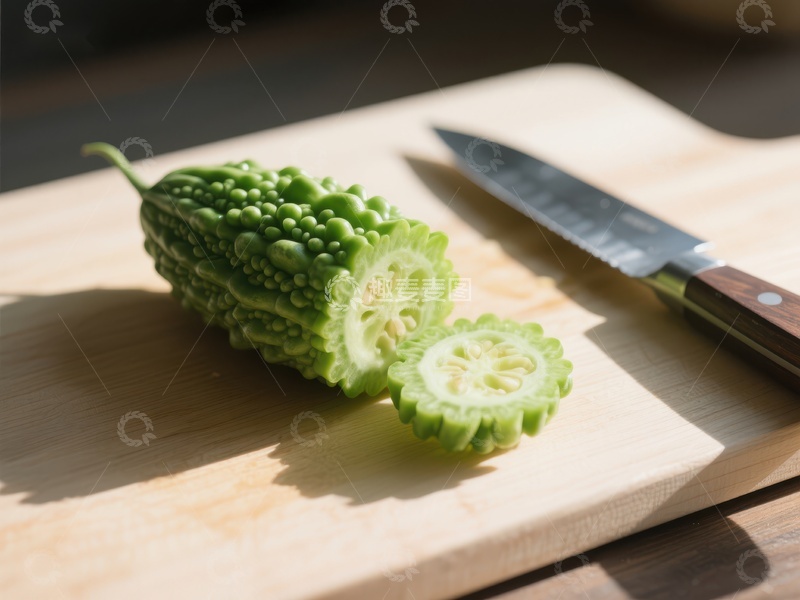 高清大图下载【趣麦麦图】苦瓜切片与刀具置于砧板上