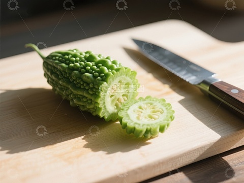 苦瓜切片与刀具置于砧板上