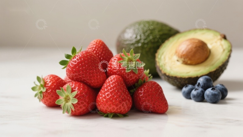 高清大图下载【趣麦麦图】新鲜草莓、牛油果与蓝莓的组合
