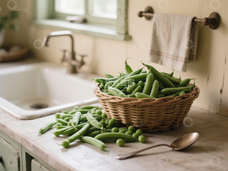 高清大图下载【趣麦麦图】厨房台面上的豌豆篮