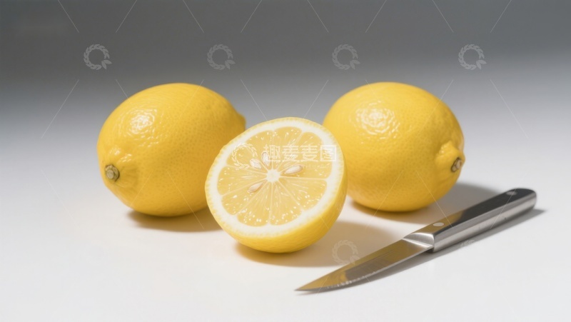 高清大图下载【趣麦麦图】新鲜柠檬与刀具的静物组合