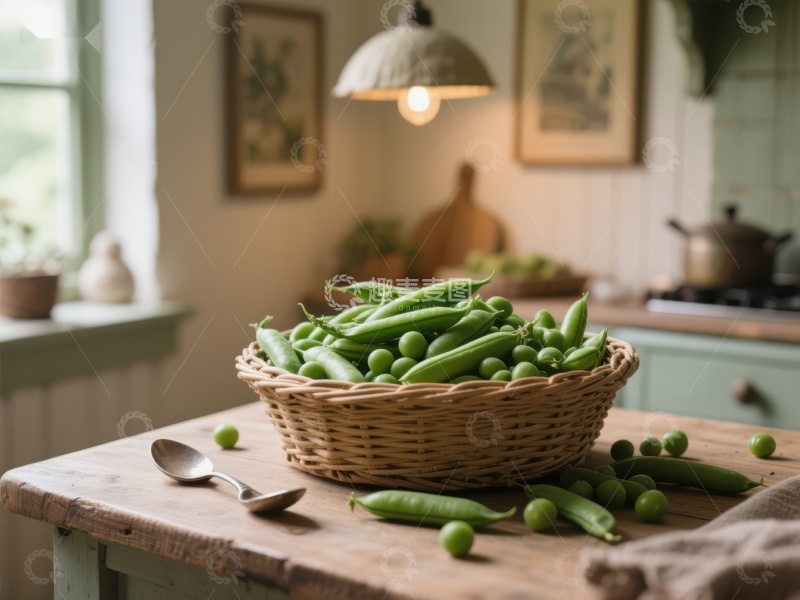 高清大图下载【趣麦麦图】厨房木桌上摆放着装满豌豆的篮子