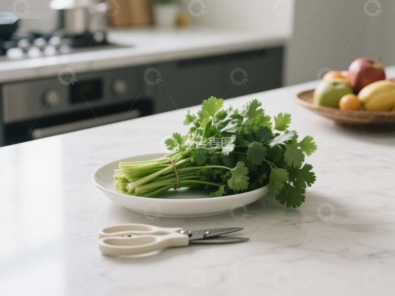 高清大图下载【趣麦麦图】厨房台面上的新鲜香菜