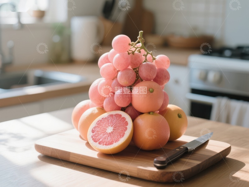 高清大图下载【趣麦麦图】厨房台面上的粉色葡萄与柚子