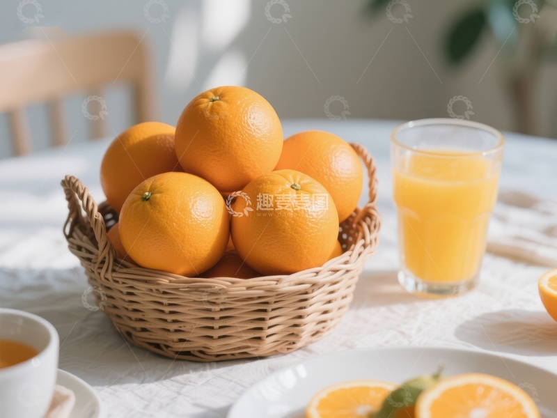 高清大图下载【趣麦麦图】新鲜橙子与果汁的早餐场景