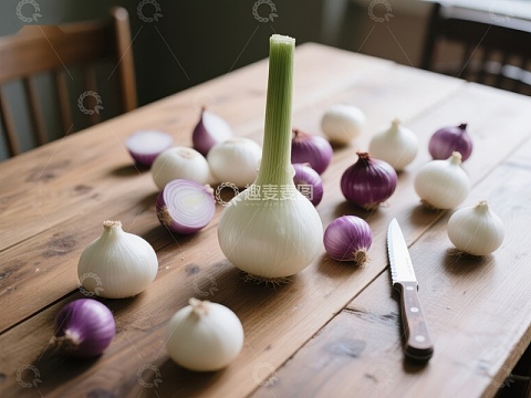 木桌上的洋葱与刀具