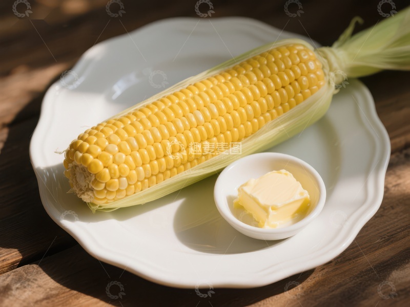 高清大图下载【趣麦麦图】新鲜玉米配黄油，置于白色盘中