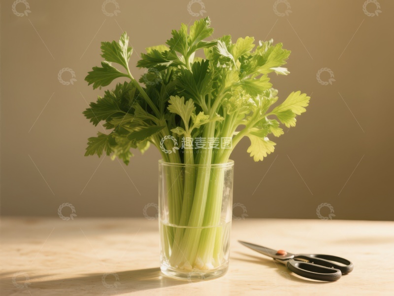 高清大图下载【趣麦麦图】新鲜芹菜置于玻璃杯中