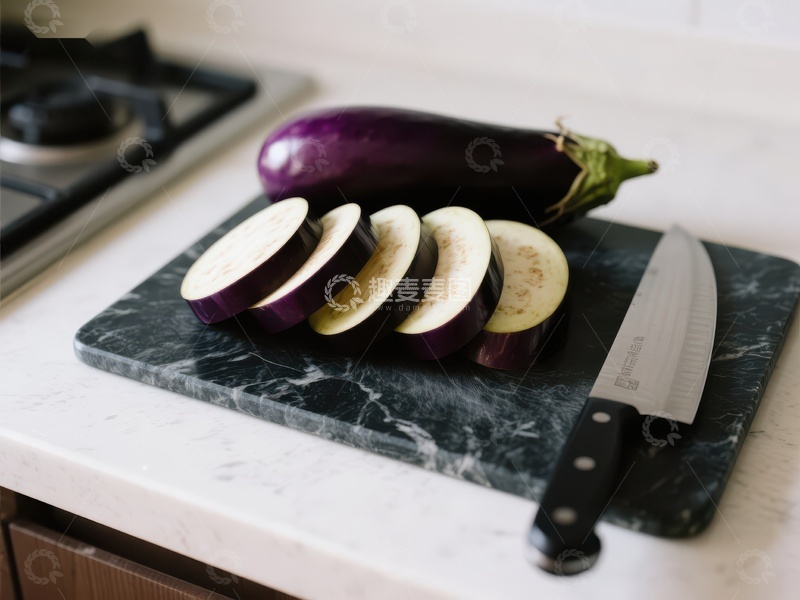 高清大图下载【趣麦麦图】切片茄子与刀具置于大理石砧板上