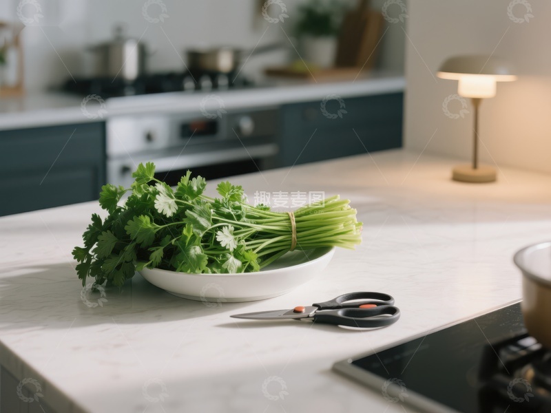 高清大图下载【趣麦麦图】厨房台面上的香菜与剪刀