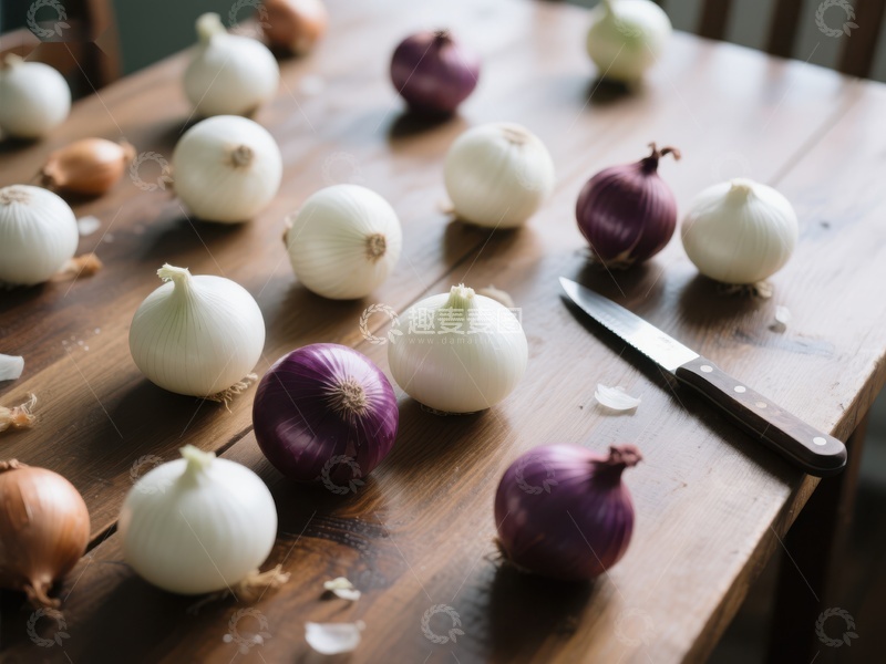 高清大图下载【趣麦麦图】-各式洋葱与刀具摆放于木质桌面