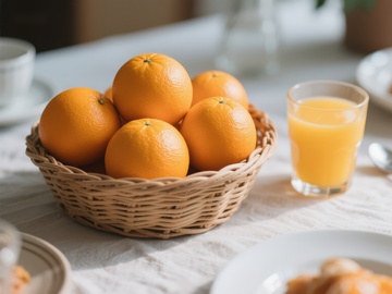 新鲜橙子与橙汁的早餐场景