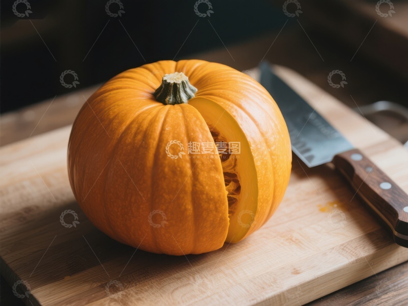 高清大图下载【趣麦麦图】切开的南瓜与刀具
