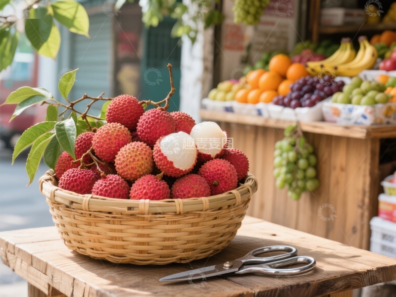 高清大图下载【趣麦麦图】新鲜荔枝与水果摊