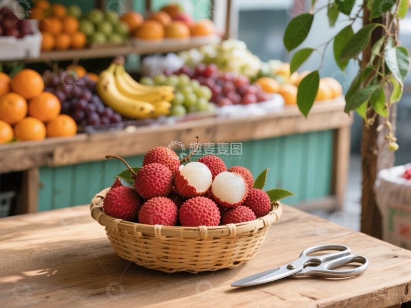 高清大图下载【趣麦麦图】新鲜荔枝与水果摊位
