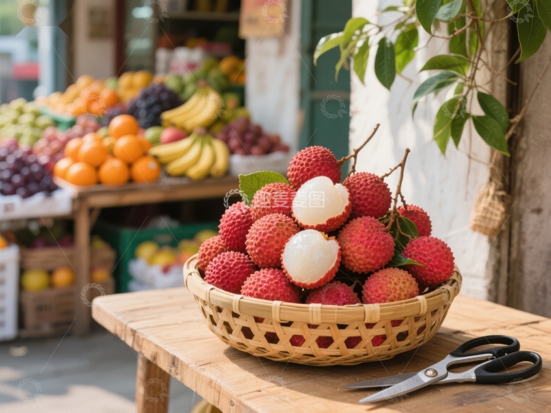 高清大图下载【趣麦麦图】新鲜荔枝摆放在水果摊前