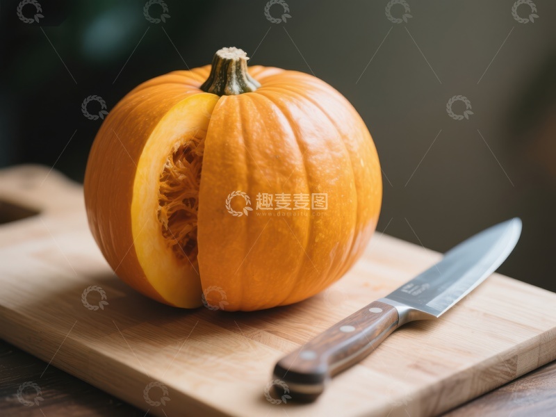 高清大图下载【趣麦麦图】切开的南瓜与刀具