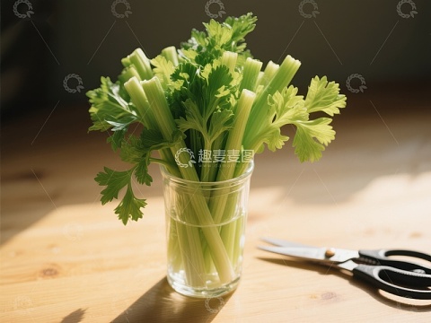 新鲜芹菜置于玻璃杯中