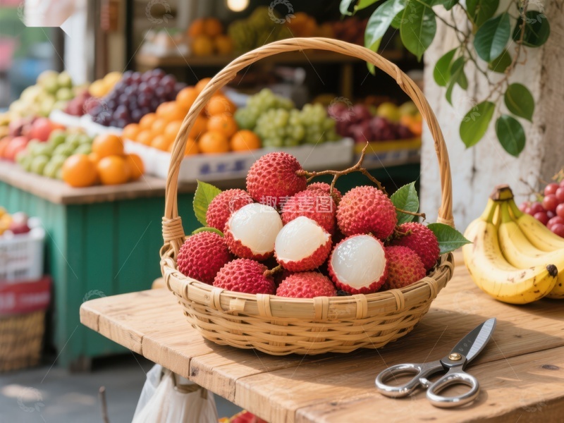 高清大图下载【趣麦麦图】新鲜荔枝装满竹篮，市场水果摊位