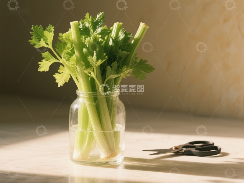 高清大图下载【趣麦麦图】新鲜芹菜置于玻璃罐中，旁置剪刀