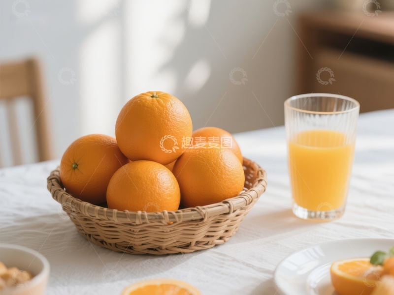 高清大图下载【趣麦麦图】新鲜橙子与果汁的早餐场景