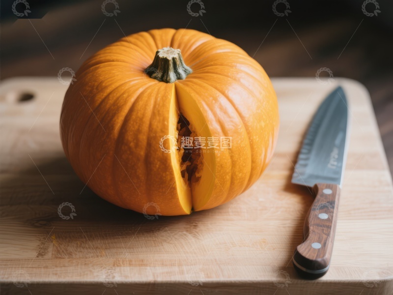 高清大图下载【趣麦麦图】切开的南瓜与刀具