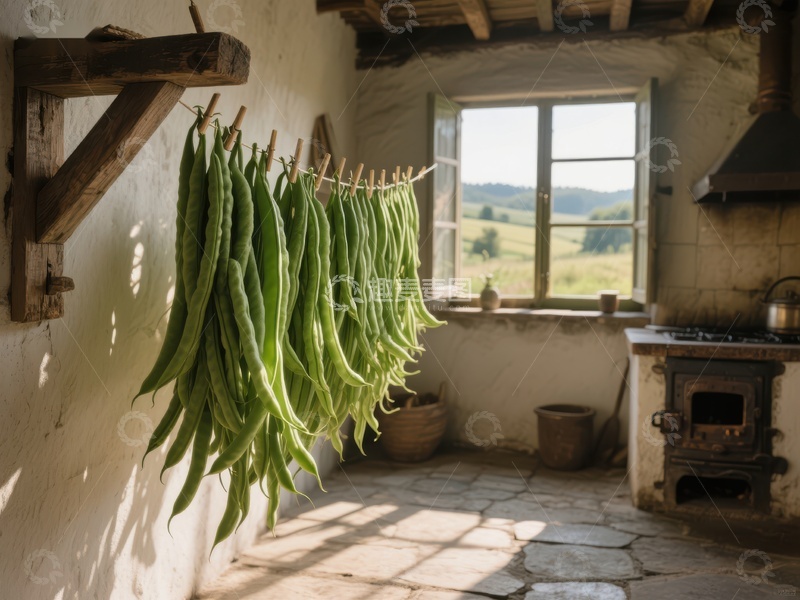高清大图下载【趣麦麦图】乡村厨房中晾晒的绿色豆角