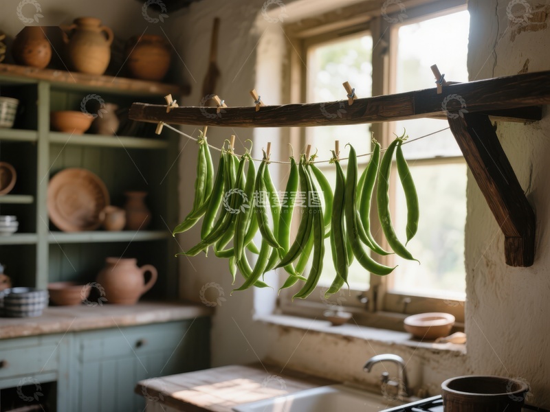 高清大图下载【趣麦麦图】厨房窗边悬挂的绿色豆荚
