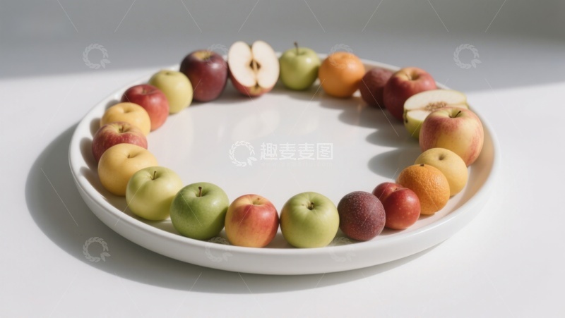 高清大图下载【趣麦麦图】多彩苹果环形排列于白色盘中