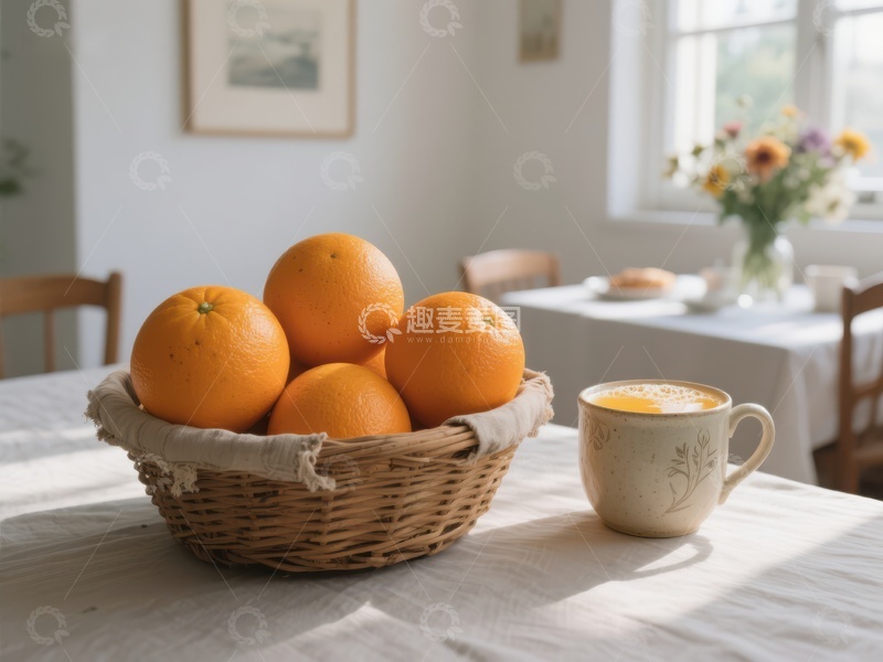 高清大图下载【趣麦麦图】橙子与热饮的温馨餐桌