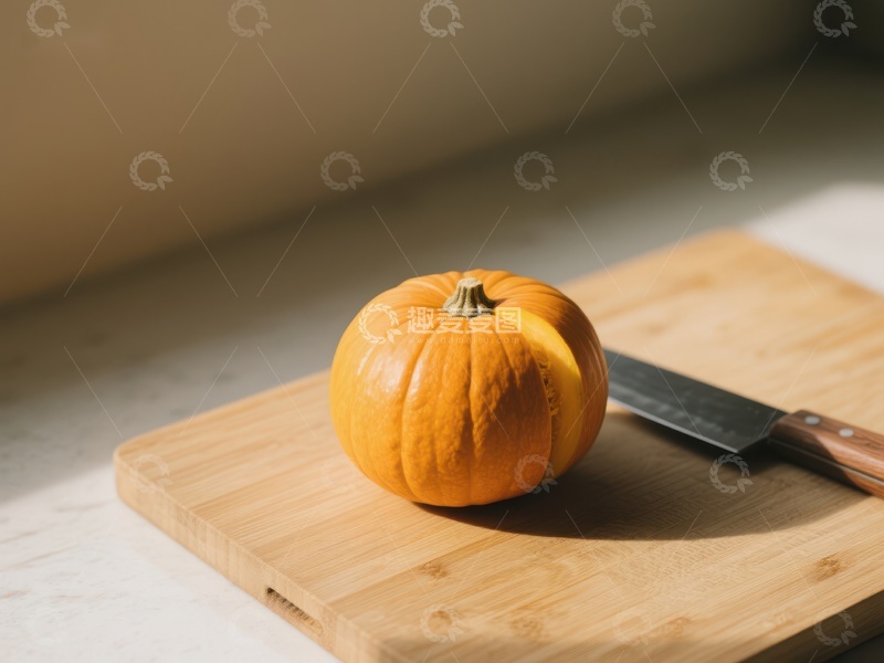 高清大图下载【趣麦麦图】小南瓜置于砧板旁配刀具
