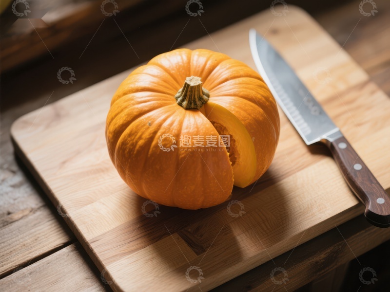高清大图下载【趣麦麦图】切开的南瓜与刀具
