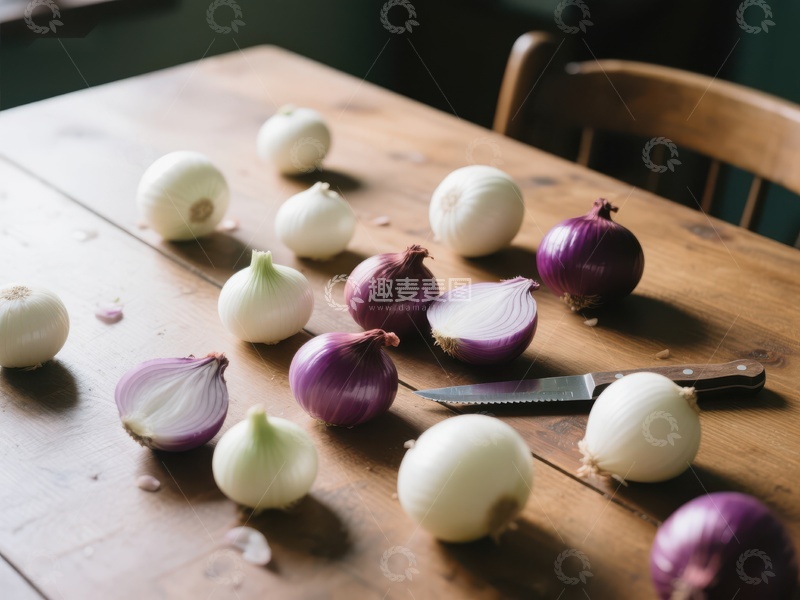 高清大图下载【趣麦麦图】木桌上摆放的多种洋葱