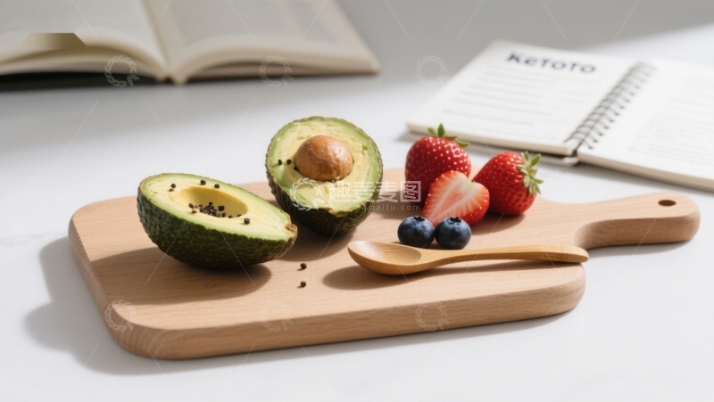 高清大图下载【趣麦麦图】切开的牛油果与草莓蓝莓摆放在木板上