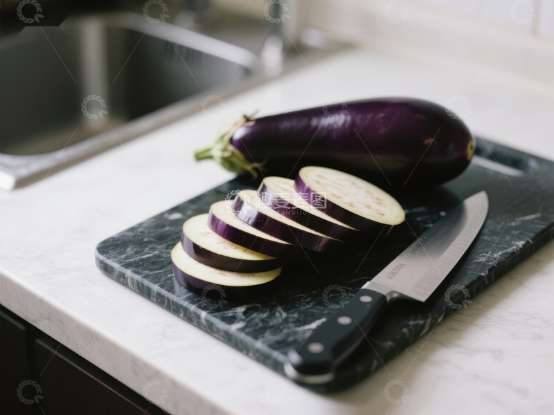 高清大图下载【趣麦麦图】切片茄子与刀具置于砧板上