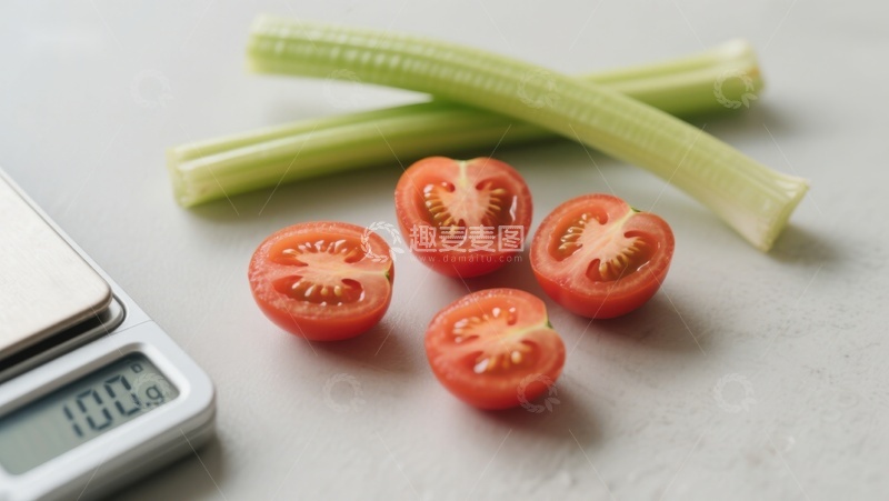 高清大图下载【趣麦麦图】切片番茄与芹菜旁的电子秤