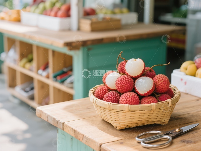 新鲜荔枝摆放在市场木质篮中
