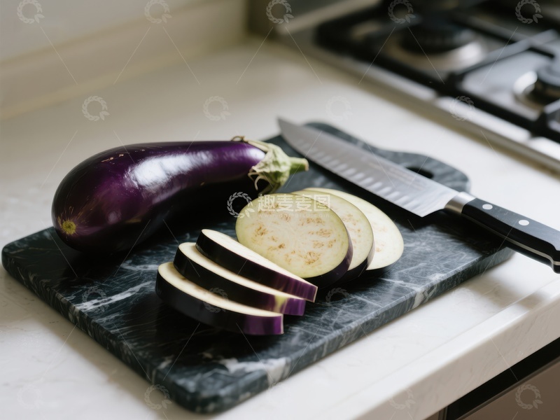 高清大图下载【趣麦麦图】切片茄子与刀具置于厨房砧板上
