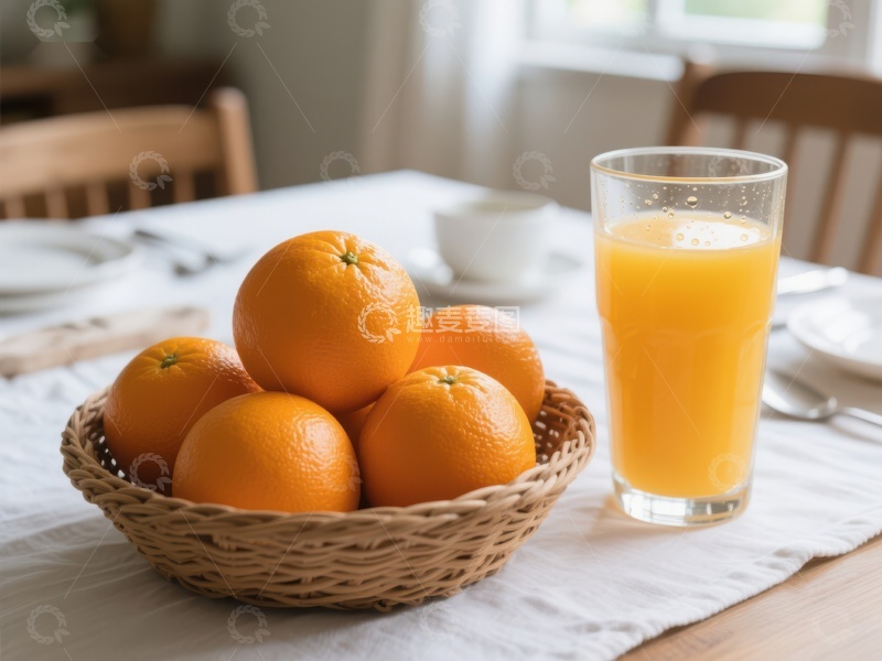 高清大图下载【趣麦麦图】新鲜橙子与橙汁的早餐场景