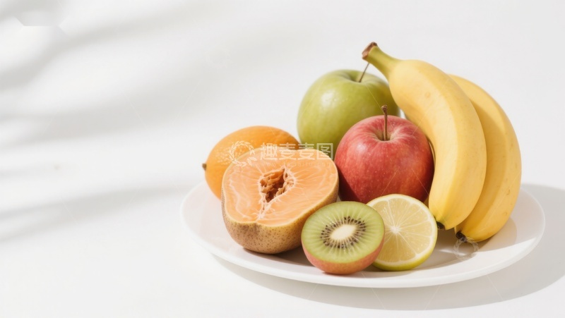 高清大图下载【趣麦麦图】新鲜水果盘：香蕉苹果与奇异果