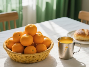 橙子篮与橙汁杯的温馨早餐