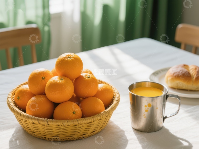 高清大图下载【趣麦麦图】橙子篮与橙汁杯的温馨早餐