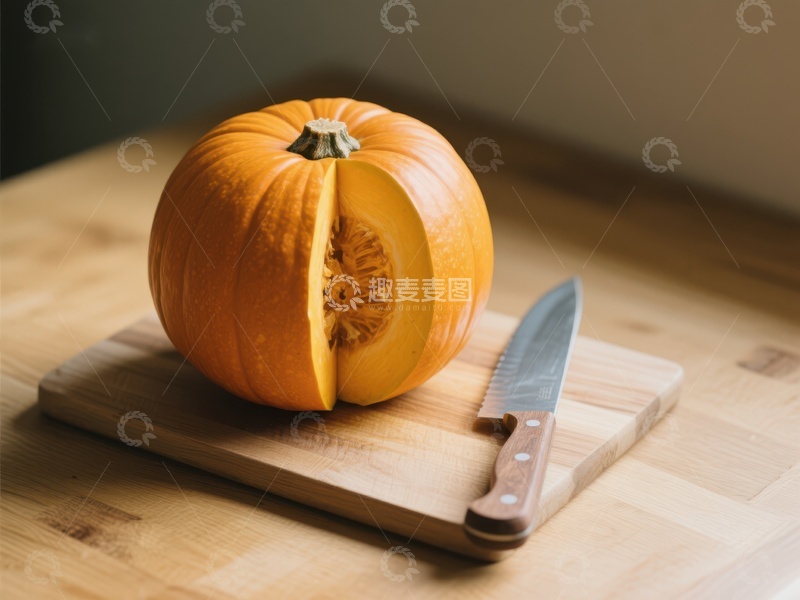 高清大图下载【趣麦麦图】切开的南瓜与刀具